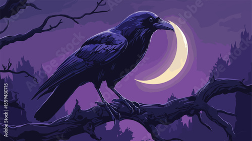 Majestic Black Crow Standing on Dead Tree with Crescent Moon