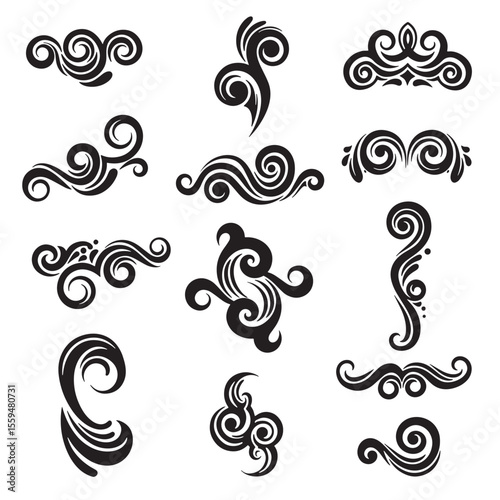 A collection of elegant swirls and decorative vector designs featuring a variety of floral vintage art silhouette elements
