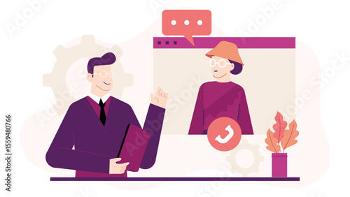 Man video calls woman in hat on computer, great for illustrating online communication, virtual meetings, long-distance relationships, and technology use.