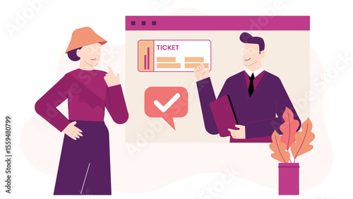 Online ticket confirmation couple, woman and man. Suitable for travel booking websites, event planning platforms, and online ticketing services.