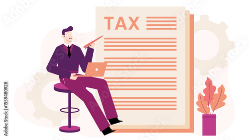 Man reviewing tax forms with laptop. Perfect for financial websites, tax services, accounting blogs, and business concepts in general.