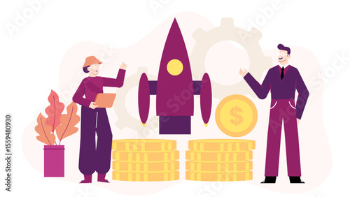 Two people stand near a rocket and stacks of gold coins. Suitable for financial growth opportunities or space exploration concepts.