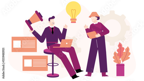 Coworkers brainstorming with laptop and megaphone. Suitable for business presentations, teamwork concepts, creative brainstorming, and marketing strategies.