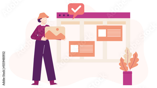 Person adding an image to a website layout. Suitable for web design, graphic design, UI/UX, digital marketing, technology concepts.