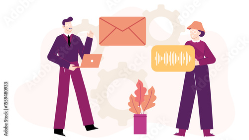 Two people discussing email and voice messaging, suitable for technology blogs, communication articles, or business presentations on networking and collaboration.