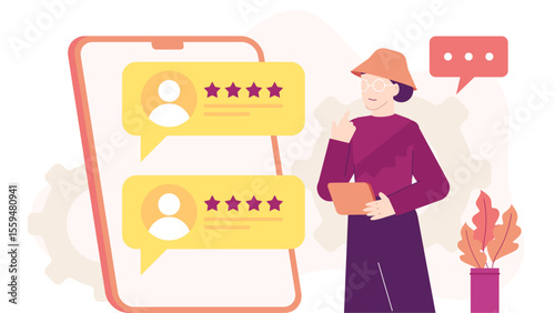 Person finding positive review on phone suitable for social media, customer testimonials, online reviews, app ratings, technology concepts.