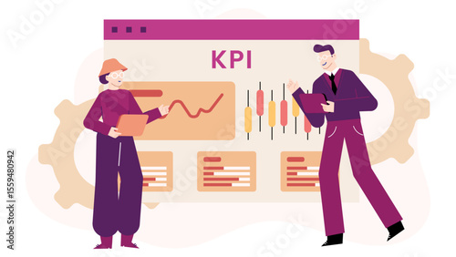 Illustration of two people reviewing KPI data on a webpage. Perfect for websites, reports, presentations, and articles related to analytics.