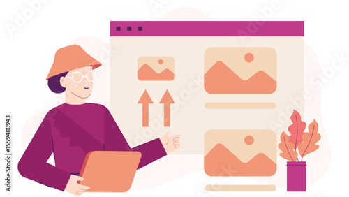 Person actively uploading images to a website, perfect for showcasing digital content creation, online media management, technology concepts.