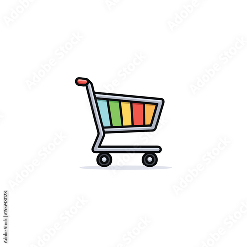 Isolated Colorful Cartoon Shopping Cart Icon with Red Handle on White Background