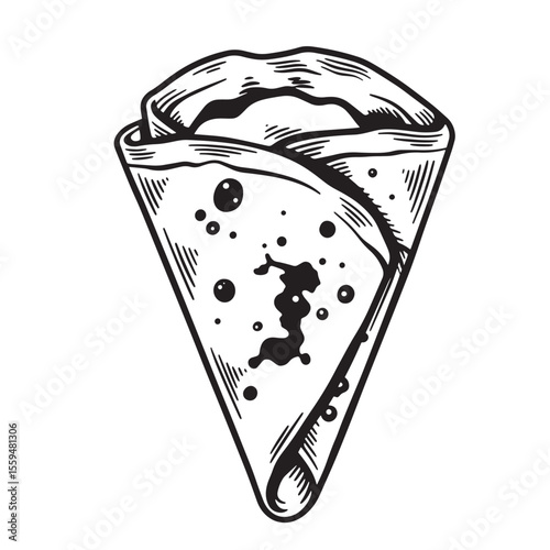A detailed black and white vintage art silhouette illustration of a delicious crepe with a generous filling displayed in an eye-catching design.