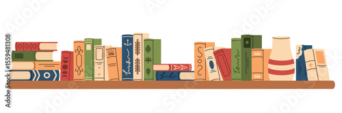 Large shelf with books. Flat vector illustration.