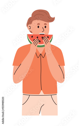 Man eating a slice of watermelon. Flat vector illustration.