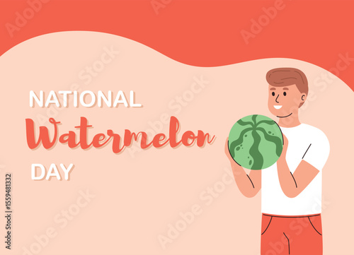 National watermelon day banner. Man holding ripe watermelon. Flat vector illustration.