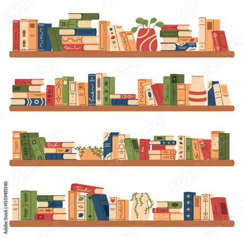 Large set of shelves with different books. Flat vector illustration.