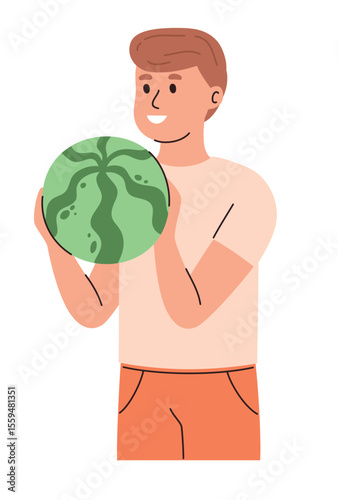 Man holding ripe watermelon. Flat vector illustration.