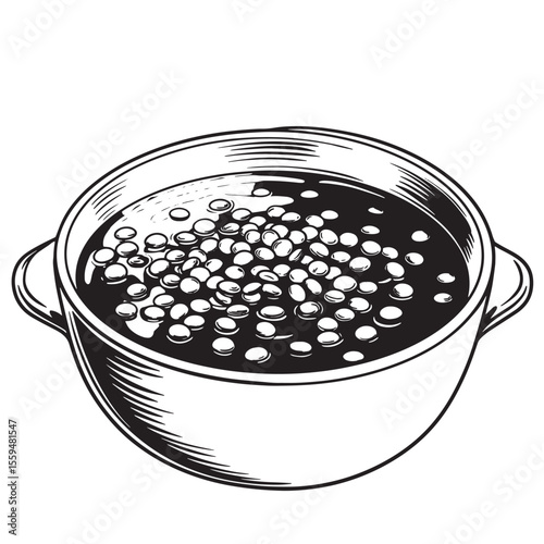 A monochrome illustration of a bowl filled with stewed lentils, a classic and nourishing culinary dish presented in a vintage art silhouette