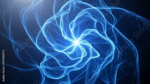 Blue glowing spiral waves twisting inward with smooth light trails in abstract dark space. Abstract design concept
