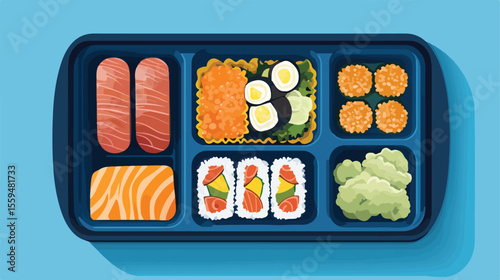 Blue Bento Box with Lunch Flat Vector Illustration