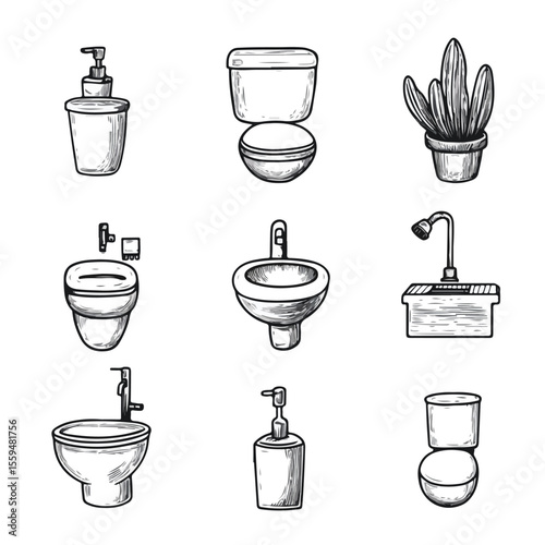 Colorful Cartoon Bathroom Objects and Icons Set Vector Illustration