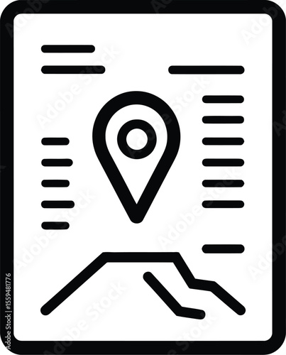 Location Pin on Route Map with Text Data Outline in Black Over White Background