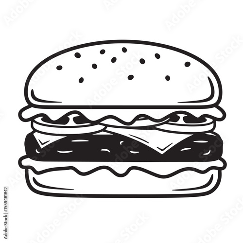 Classic monochrome hamburger illustration in vintage art silhouette style depicting a delicious fast food burger with toppings