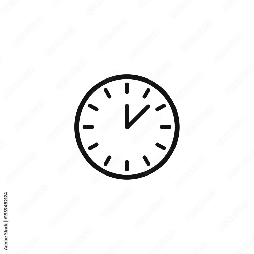 Minimalist Clock Icon Black Outline Style Showing Five Past Twelve on White Minimalist Clock Icon Black Outline Style Showing Five Past Twelve on White