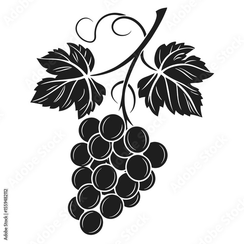 A detailed black and white illustration of a grapevine with a bunch of grapes, leaves, and curling tendrils.