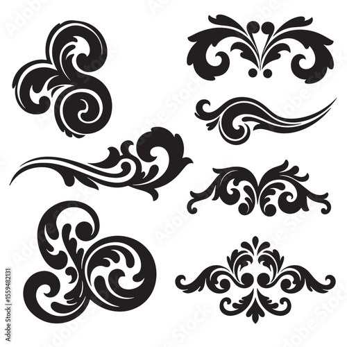 Collection of elegant black and white vintage art silhouette flourishes and decorative design elements for various creative projects