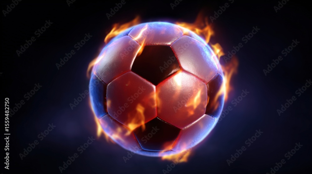 Naklejka premium A soccer ball engulfed in vibrant flames, set against a dark background, creating a dynamic and intense visual effect.