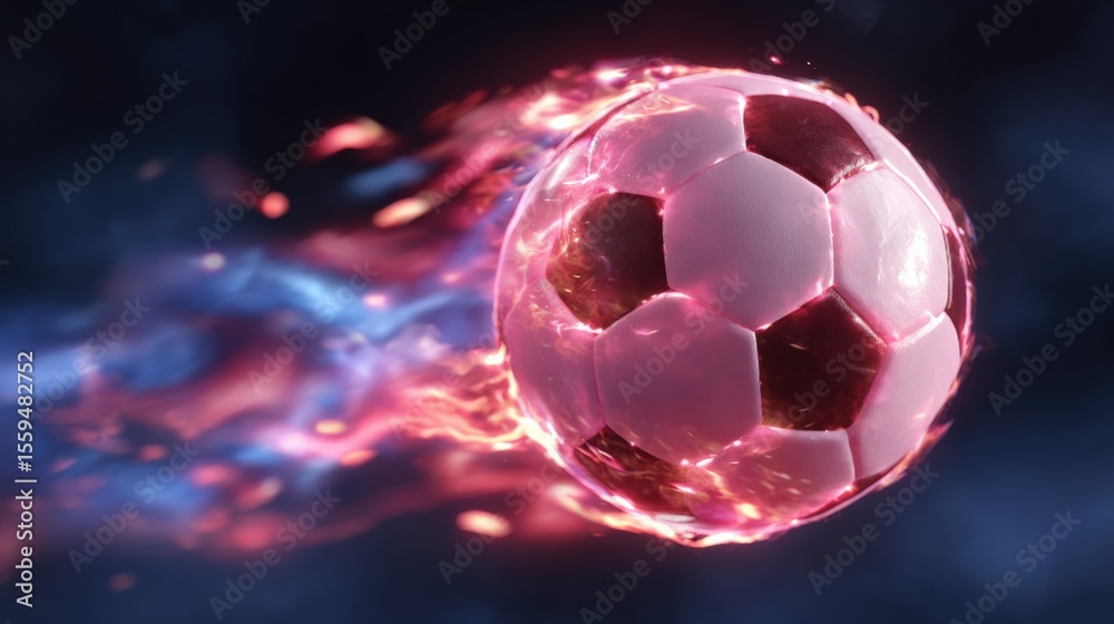 Naklejka premium A soccer ball engulfed in vibrant flames, creating an intense and dynamic motion effect against a dark background.