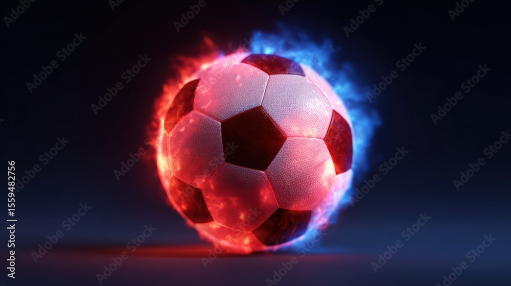 Naklejka premium A soccer ball engulfed in fiery red and blue flames against a dark background, symbolizing passion and intensity in sports.