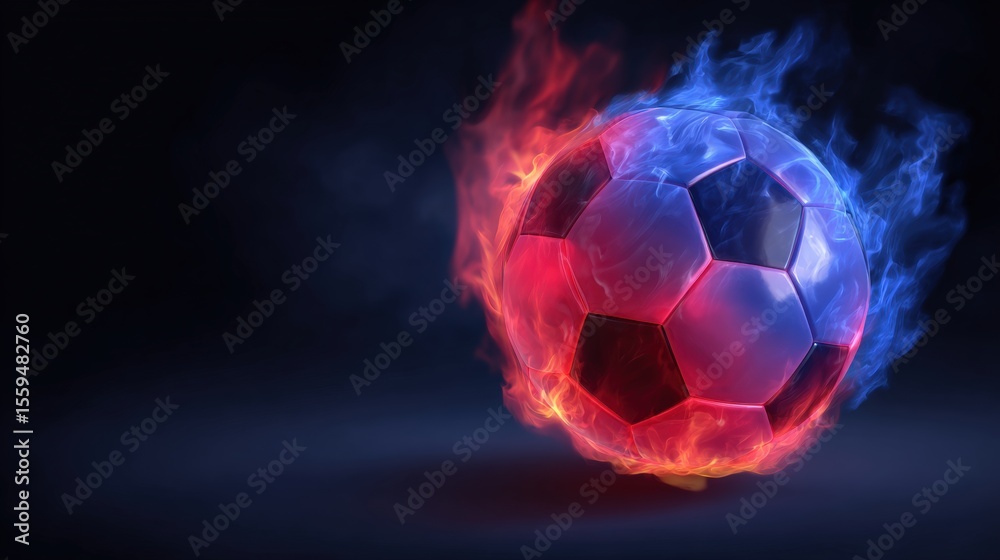 Fototapeta premium A dynamic soccer ball engulfed in red and blue flames against a dark background, symbolizing energy and passion in sports.