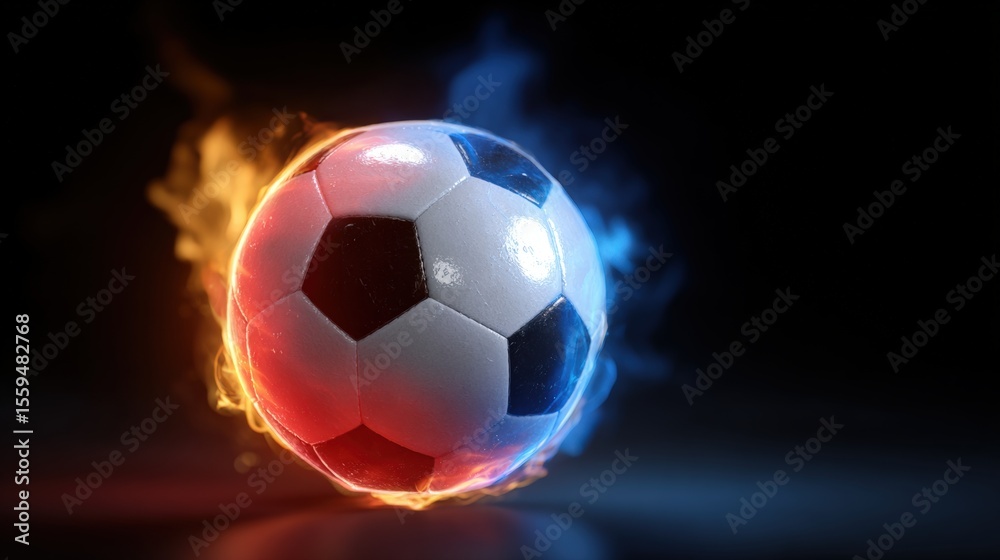 Obraz premium A soccer ball enveloped in dynamic flames and cool blue smoke against a dark background, symbolizing energy and duality.