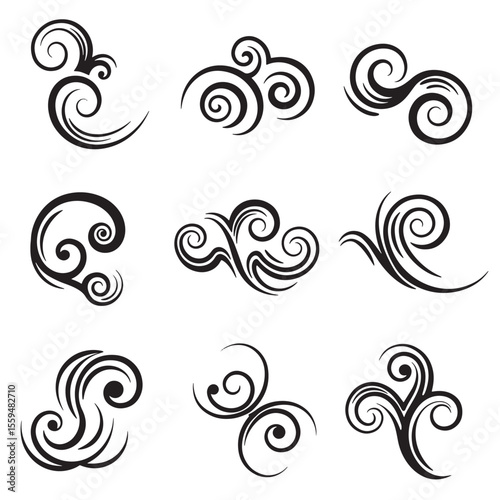 Collection of nine elegant black and white vintage art silhouette swirls and curls design elements isolated on a white background.
