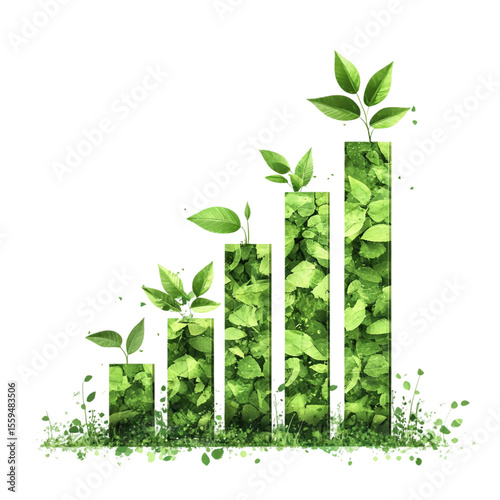 Corporate social and environmental responsibility represented by a bar chart graph with green environmental themes isolated on a white background Ai generated image. High quality 