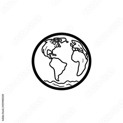 Outlined Earth Globe with Continents and Ocean in Black and White Simple Design