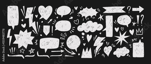 Punk chalk drawn speech bubbles, expression symbols, doodle elements on blackboard. Hand drawn vector dialogue balloons. Sketch underline, emphasis icons, arrows, speech bubble shapes collection.