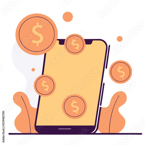 Smartphone with coins and dollar signs representing mobile banking and online finance