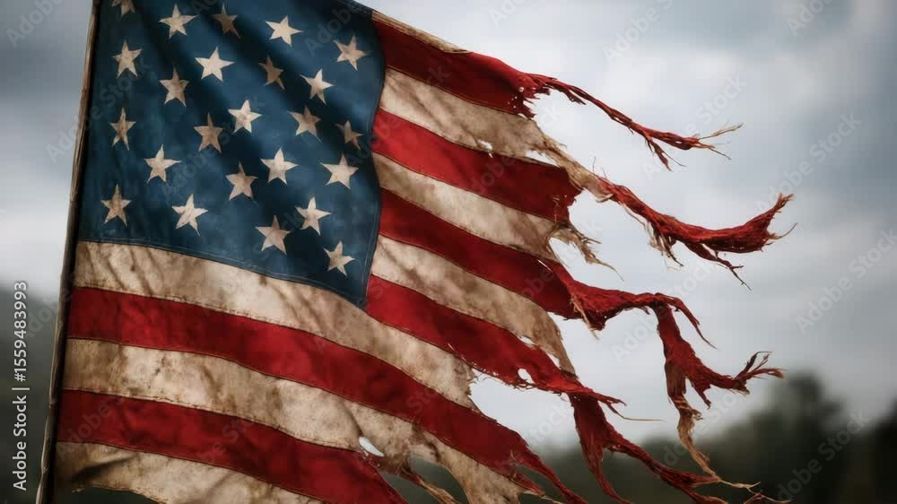 Tattered vintage American flag with torn fabric stars and stripes flying wind symbolizing hardship resilience during great depression outdoors