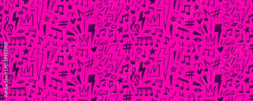 Bright pink seamless pattern with crayon drawn musical notes, lightnings, hearts and stars. Hand drawn musical background. Colorful punk wrapping paper. Funky childish design banner.