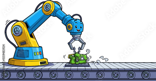 Animated Industrial Robot Arm Grasps Component on Conveyor Belt