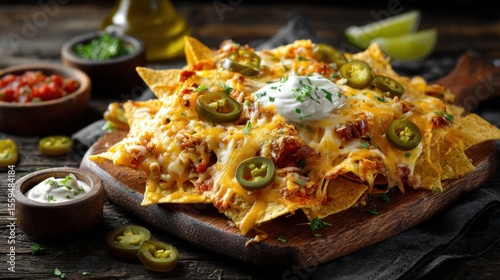 Delicious loaded nachos with melted cheese jalapenos sour cream fresh toppings crispy tortilla chips savory snack appetizer