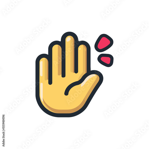 Raised Yellow Hand with Black Outline and Droplets on White Background