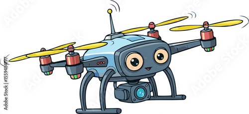 Cartoon Drone with Antenna, Camera, Yellow Propellers, and Animated Eyes