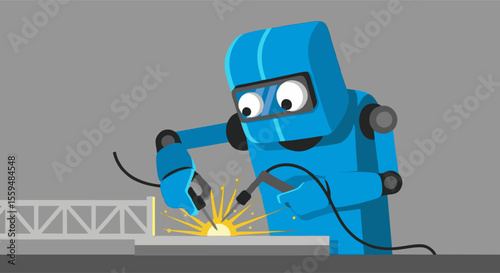 Cartoon Robot Welder with Blue Helmet and Googly Eyes Sparks Metal