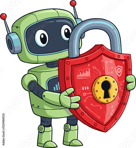 Cartoon Robot Holding a Red Shield Lock with Data Graphics and Keyhole