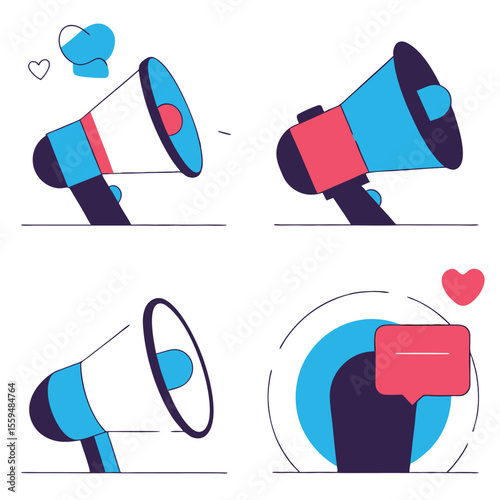 Set of four flat design megaphones announcing news and social media engagement