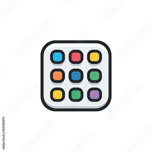 Rounded square nine colorful squares grid with white outline transparent background