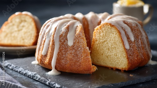 Traditional homemade vanilla pound cake with icing on rustic slate serving board, close-up view of moist sweet dessert with sliced pieces and sugar coating