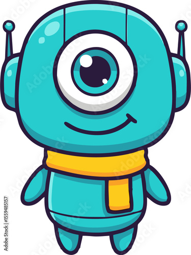 Cheerful Cyclops Robot with Antennae and Yellow Scarf, Smiling Broadly.